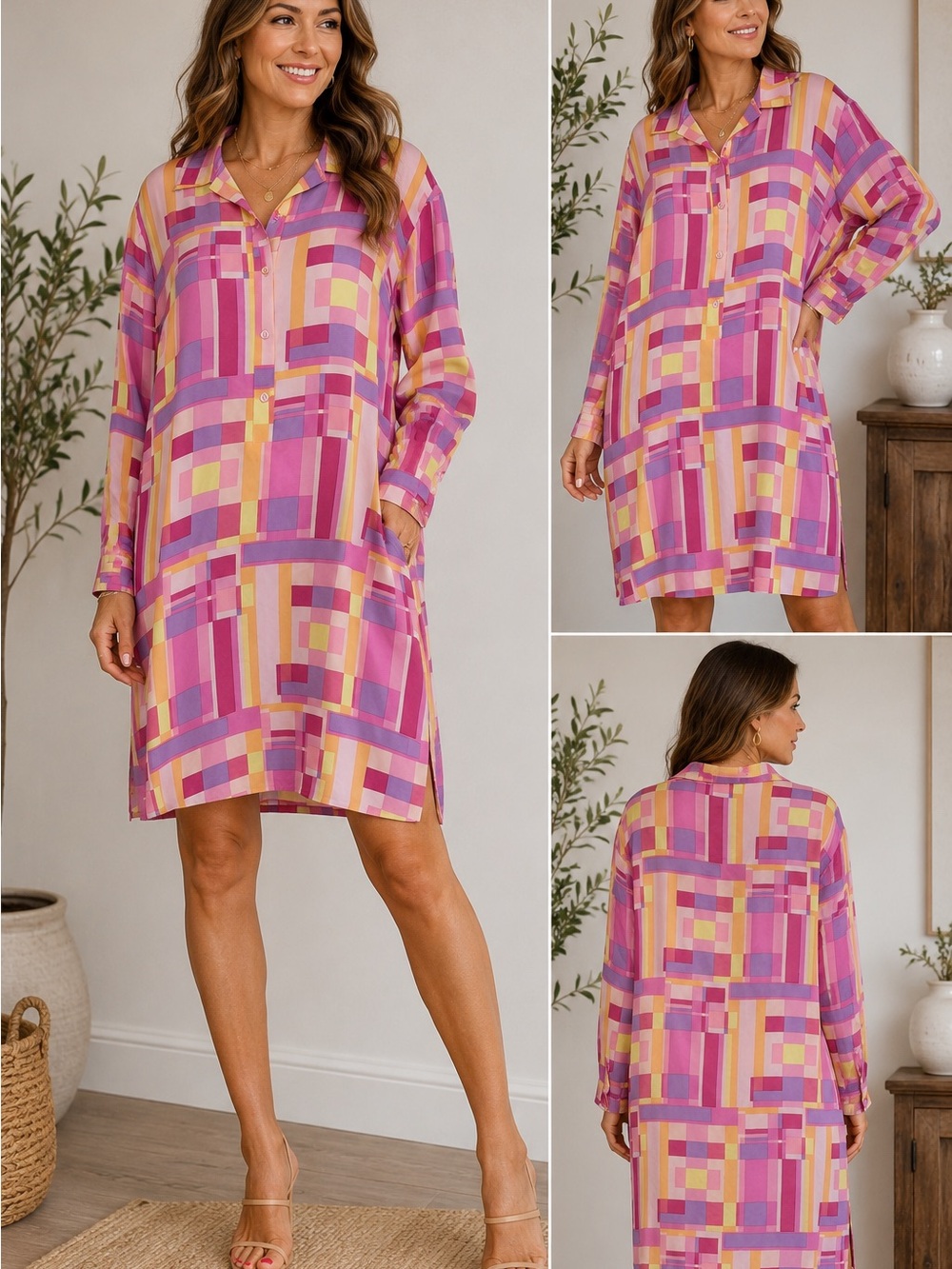 Vintage Bob Mackie Studio 100% Silk Geometric Tunic Shirt Dress Sz14
